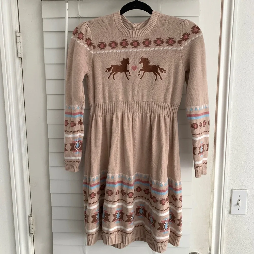 Gymboree Girls Tan Cotton Knit Horse Fair Isle Sweater Dress Size 12